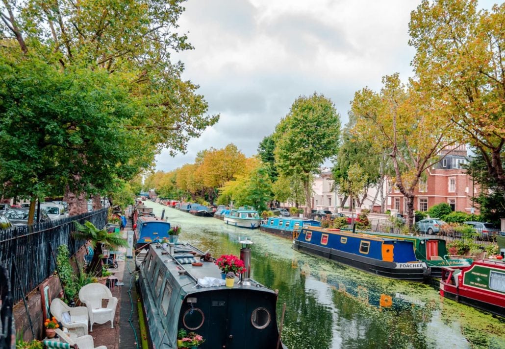 A leafy canal in Little Venice, London, England.