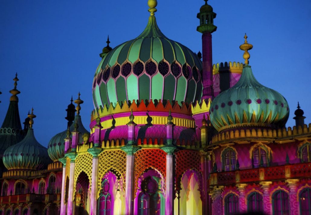 Royal Pavilion at night, with colored dome