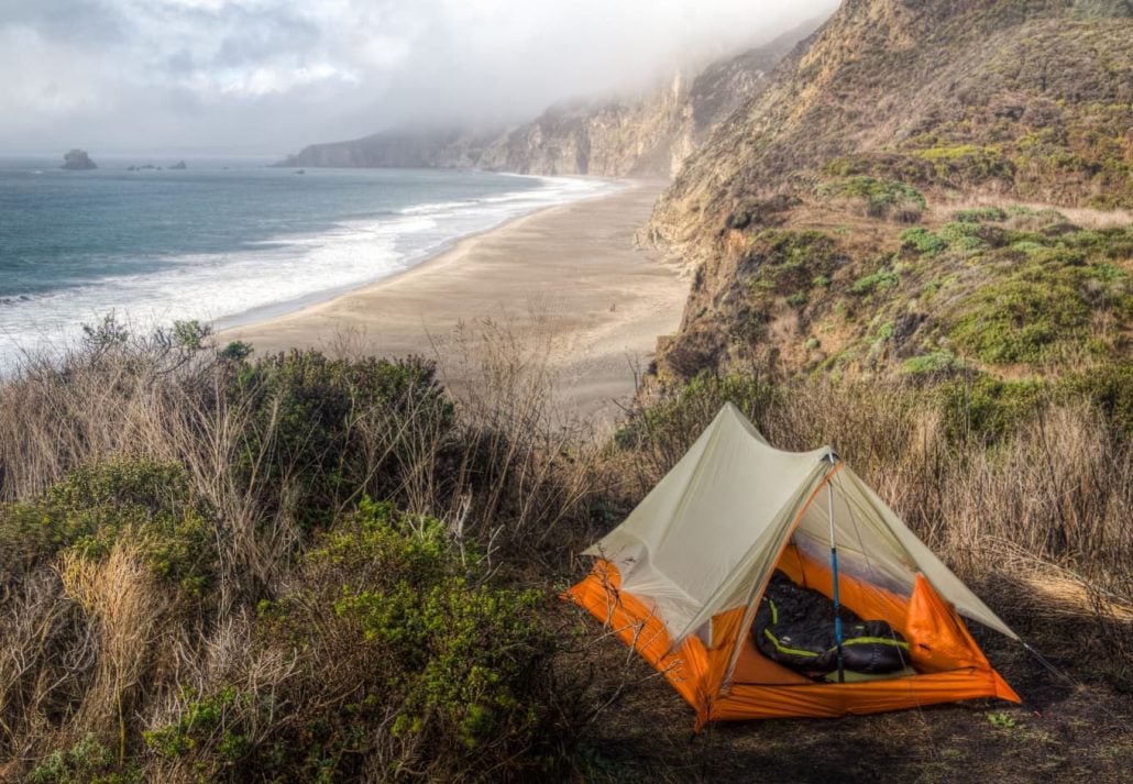 A camping tent on Wildcat Beach, Point Reyes National Seashore, California.