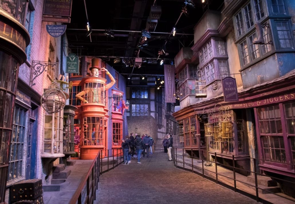 The Diagon Alley set in the Warner Bros Studio, London, England.
