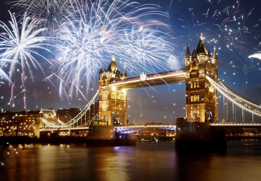 New Year's fireworks over the Tower Bridge of London.