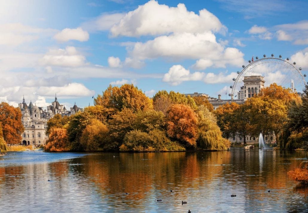St. James Park covered in beautiful fall foliage, in London, UK.