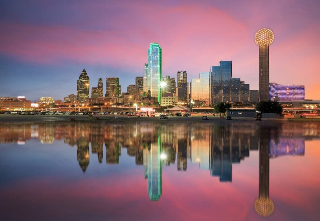 The skyline of Dallas, Texas, at sunset.