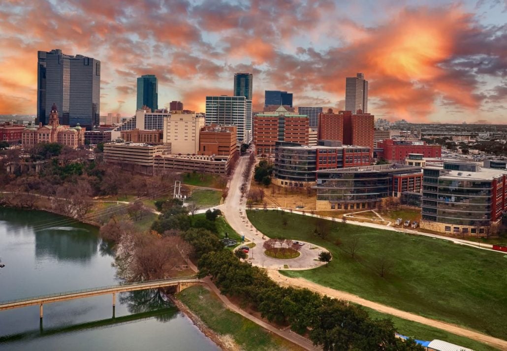 Skyline of Forth Worth, in  Texas, at sunset.