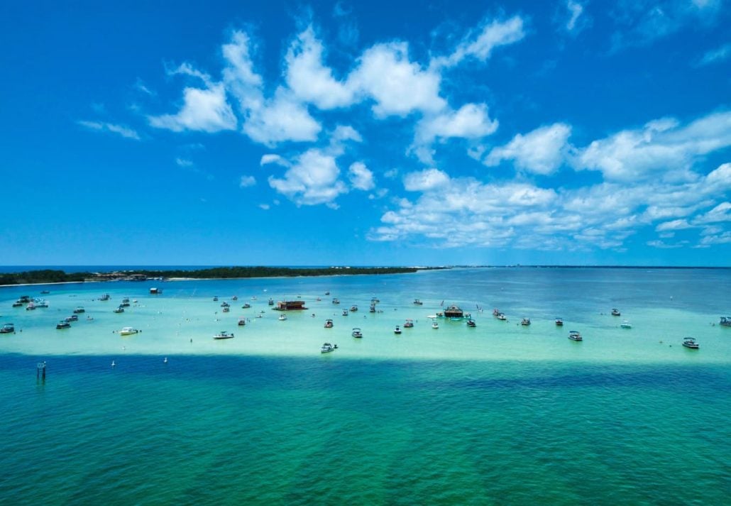 Distant Aerial View of Crab Island Off of Destin Florida.