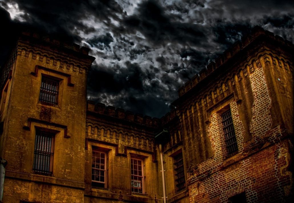 The eerie Old Jail, in Charleston, SC, at night.