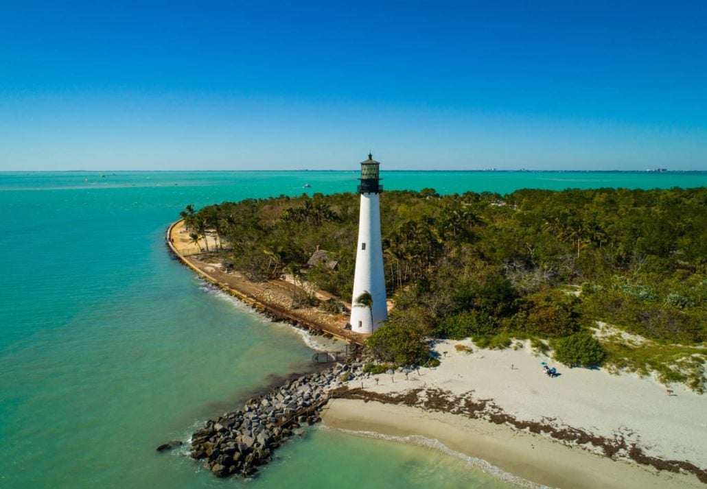 Aerial image of the Cape Florida lighthouse Miami Florida, USA.