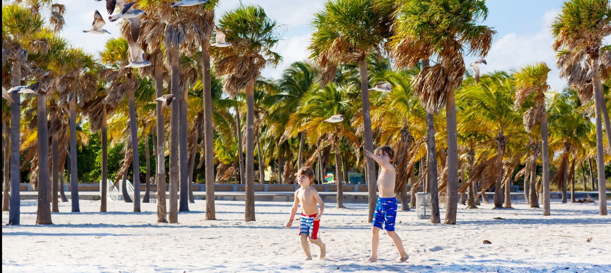 Two little boys playing at the beach in Miami, Florida.