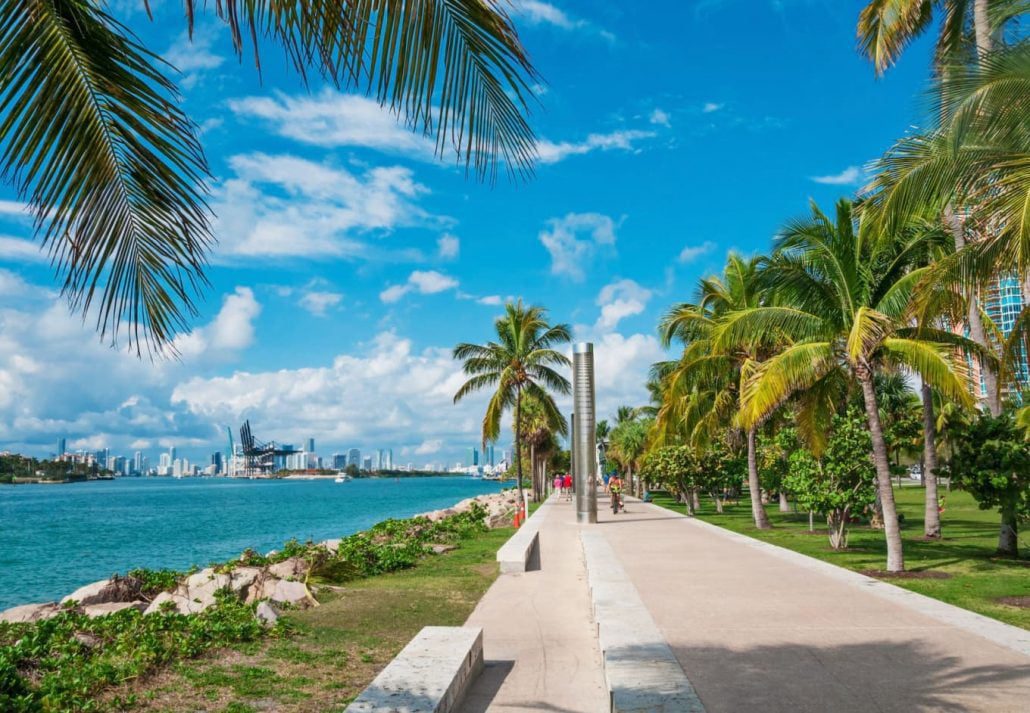Walkway in a the beautiful park South Pointe in Miami Beach, Florida, USA.