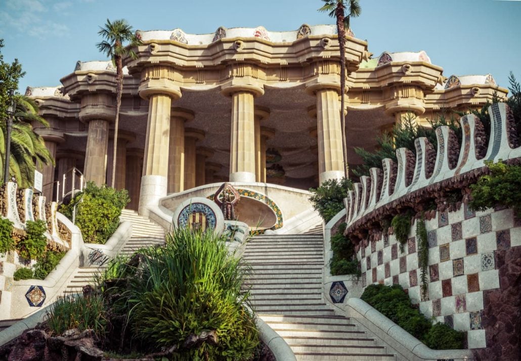 The Dragon Stairway of Park Güell, in Barcelona, Spain.