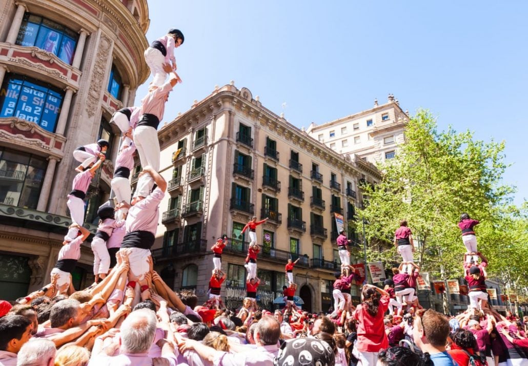  Castell show in April 14, 2013 in Barcelona, Catalonia. Castellers de Barcelona performers show during Can Jorba at avinguda Portal del Angel.