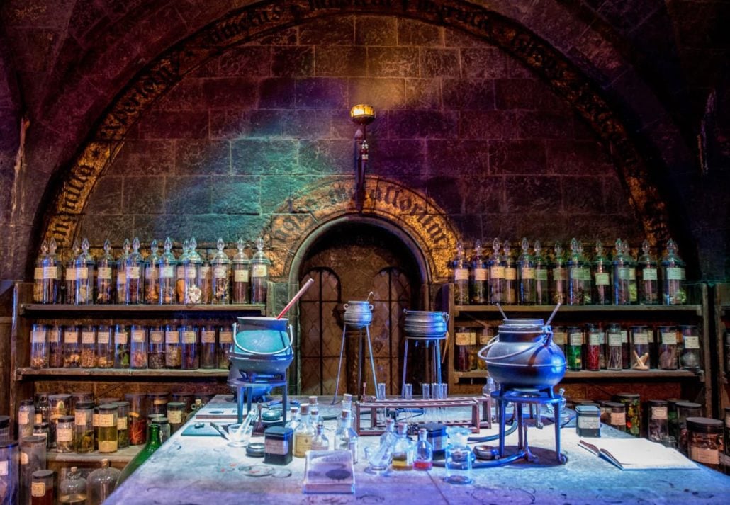 a potion making table at Warner Bros. Harry Potter Studio Tour