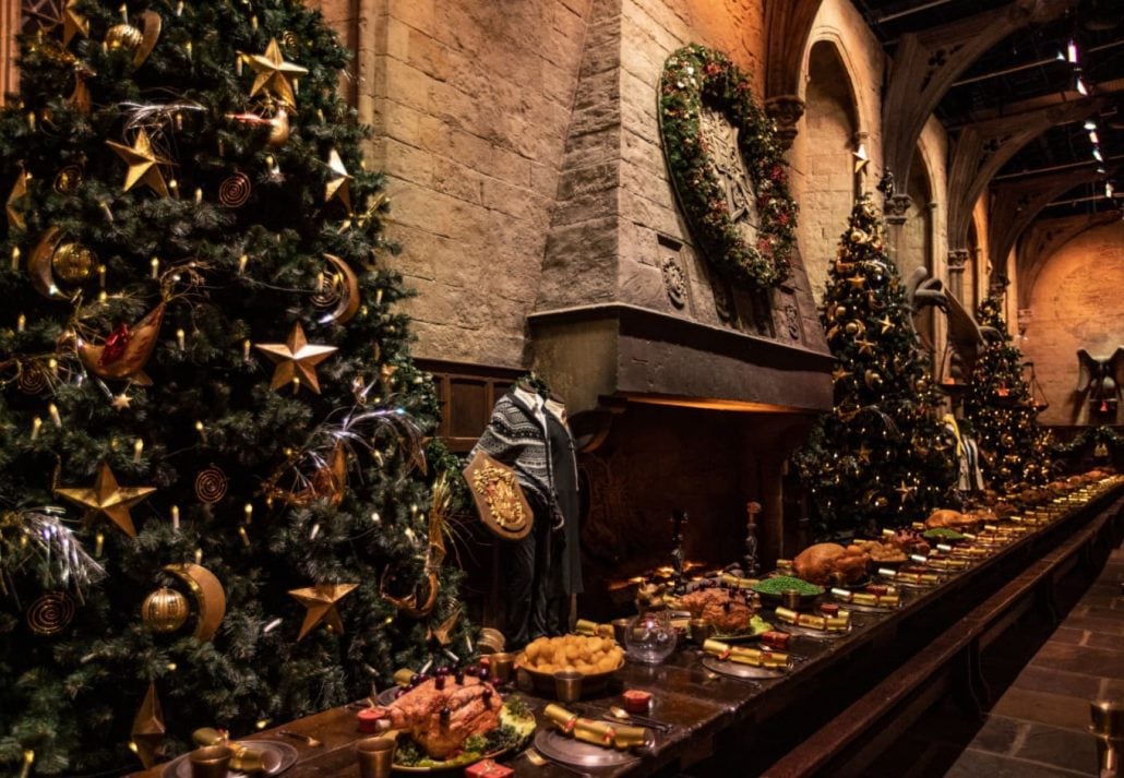 a long dining table at Hogwarts in the Snow